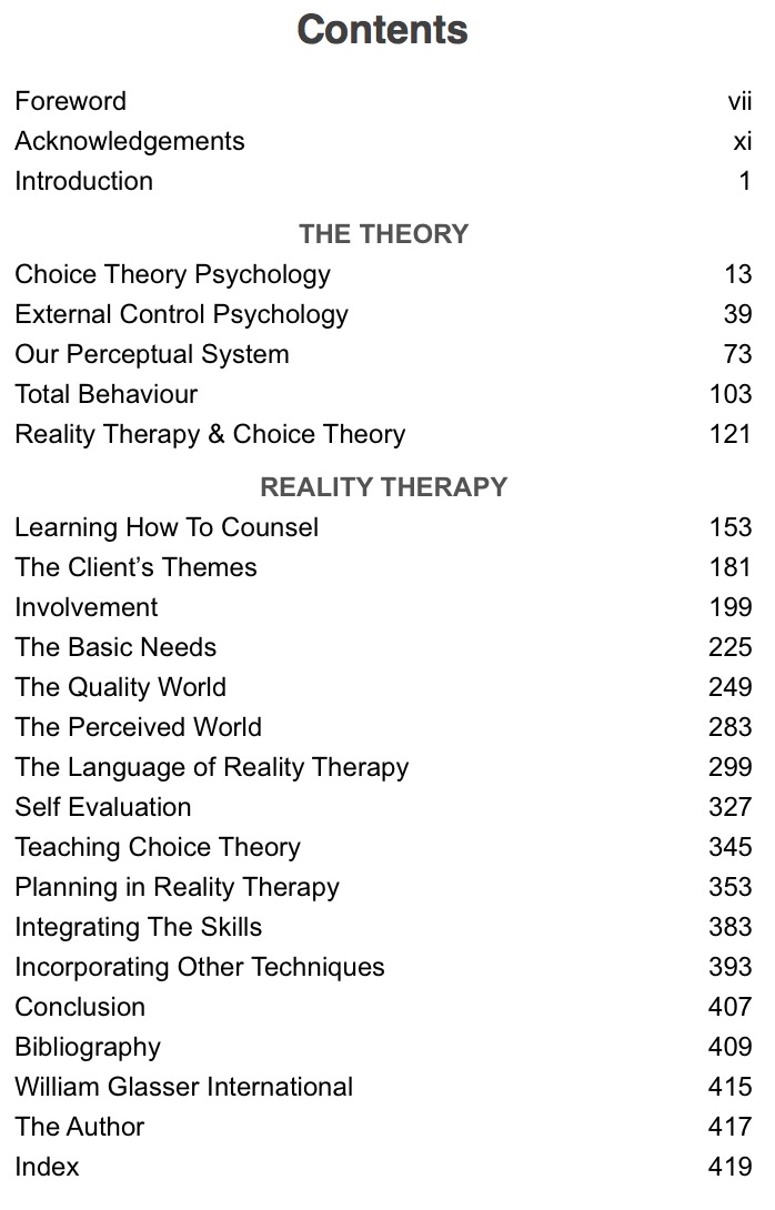 Listing the contents of The Practice of Reality Therapy